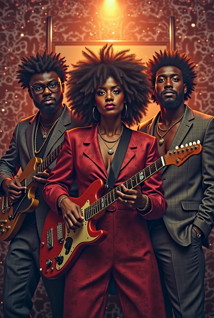 A talented black musician with a futuristic guitar and Afro-punk outfits performing in a psychedelic bar, surrounded by women. --auto