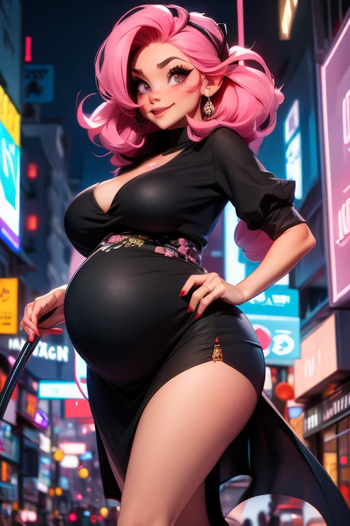 (best quality), big head, face confident, (hozukikaede with huge breasts:1.2) in a raincoat and an umbrella in a street, from back, 8K good quality, realistic, huge pregnancy belly, huge pregnant