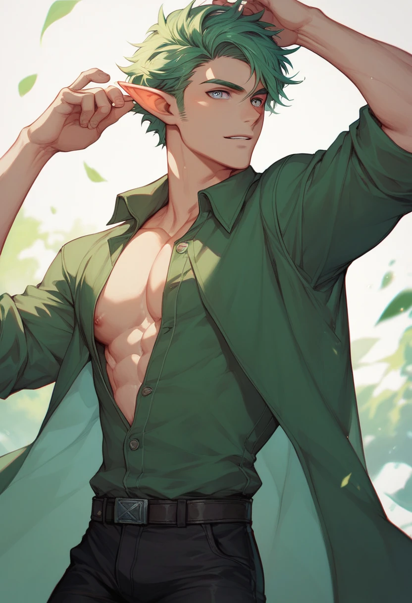 green haired man, green eyes, cool, Six Pack