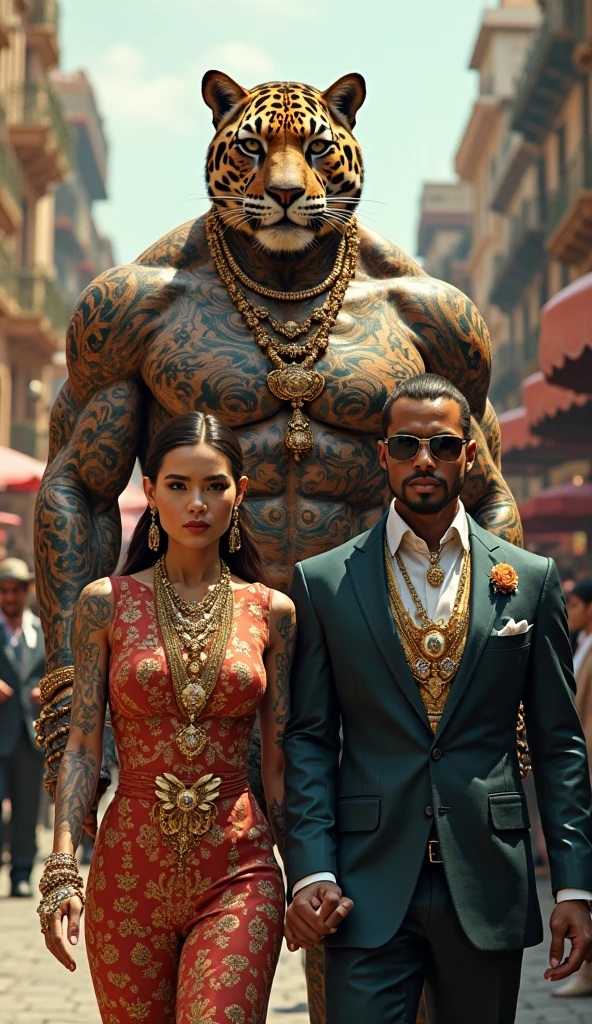Create a digital artwork depicting a surreal scene where a heavily tattooed giant with traditional Thai motifs takes a selfie by a pool. The giant has an intricate mask and wears traditional attire, exuding a blend of mythological and modern elements. A modern, stylish woman in a black bikini stands next to him, posing confidently. In the background, there are palm trees, a clear blue sky, and a statue that resembles the Statue of Liberty, adding a fantastical twist to the setting. The overall atmosphere should combine elements of ancient mythology with contemporary culture, highlighting the contrast and harmony between the two.