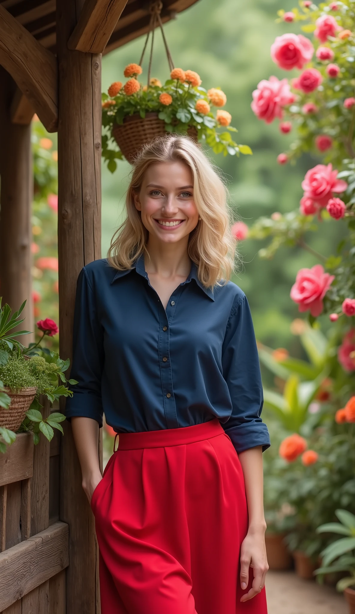 High Definition Images、Attractive Young Woman、Rubio、 navy blue shirt、red skirt、 Face Details 、Good posture、 facing forward、smile、Lots of flowers 、Forest restaurant、Colorful Forest。