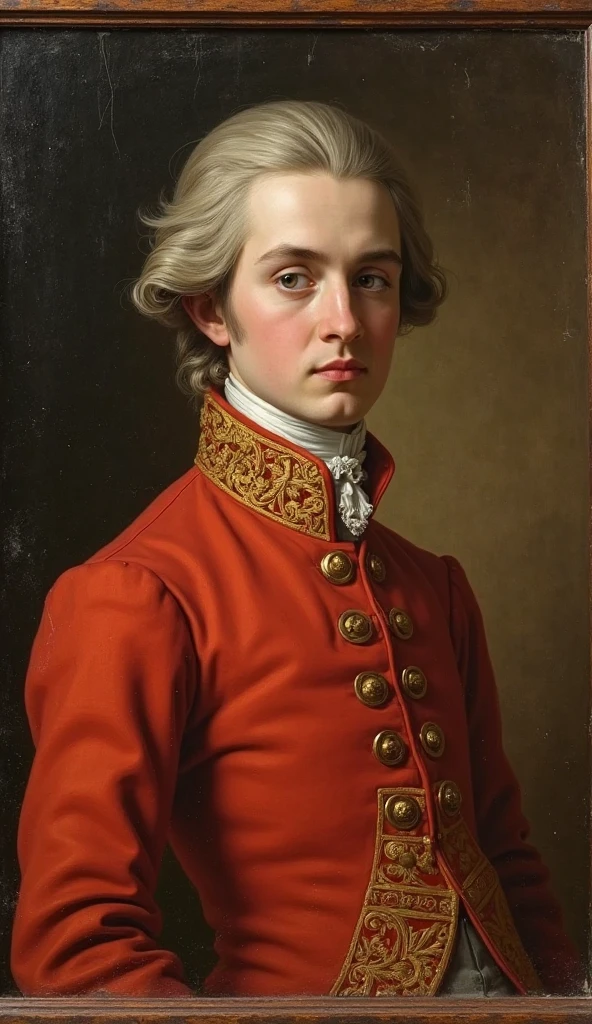 Portrait of Mozart, only the face is female,Be feminine,Big eyes,looking at the camera,small nose,Fashion red coat with gold details, realistic, unity 8k wallpaper, detailed face, high definition skin, realistic skin details, visible pores, sharp focus, 8k uh, Digital single-lens reflex camera, high quality, film grain, photorealism, masterpiece, 最high quality -- 自動