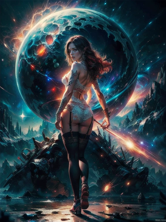 NSFW, 8K,High -level, absurd, masterpiece, best quality, primitive, very detailed CG, very detailed wallpaper, VolumetricLighting, LifeLike Shading, Extremely detailed (((The personification of Red Moon))), RoundlyButts, ThighGap, MysticSight, Tyndall effect, Tyndall scattering, (Acutance:0.86), (EXPOSED:0.5), (ZoomedOut, Assfocus, From diagonally behind:1.6), from below, She Standing in the air Above clouds, Looking down colored clouds, Starly Dusk Sky, Stars, Meteors, RainbowColored Curved Horizon, (Don't look back:2)
