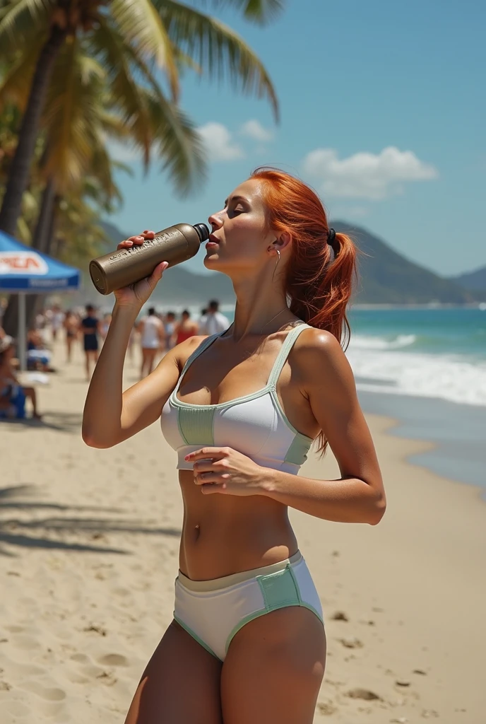 super realistic image, perfect details, naked woman buttocks, well toned, the skin on the buttocks bristling, the nagas with dew drops, with a can of beer between the buttocks, The beer can is white, The beer can has no labels, The beer can is sweaty and has drops of dew, The can of beer is very cold, the background is a sunset, on the beach, the skin is brown, the woman's hands are not visible