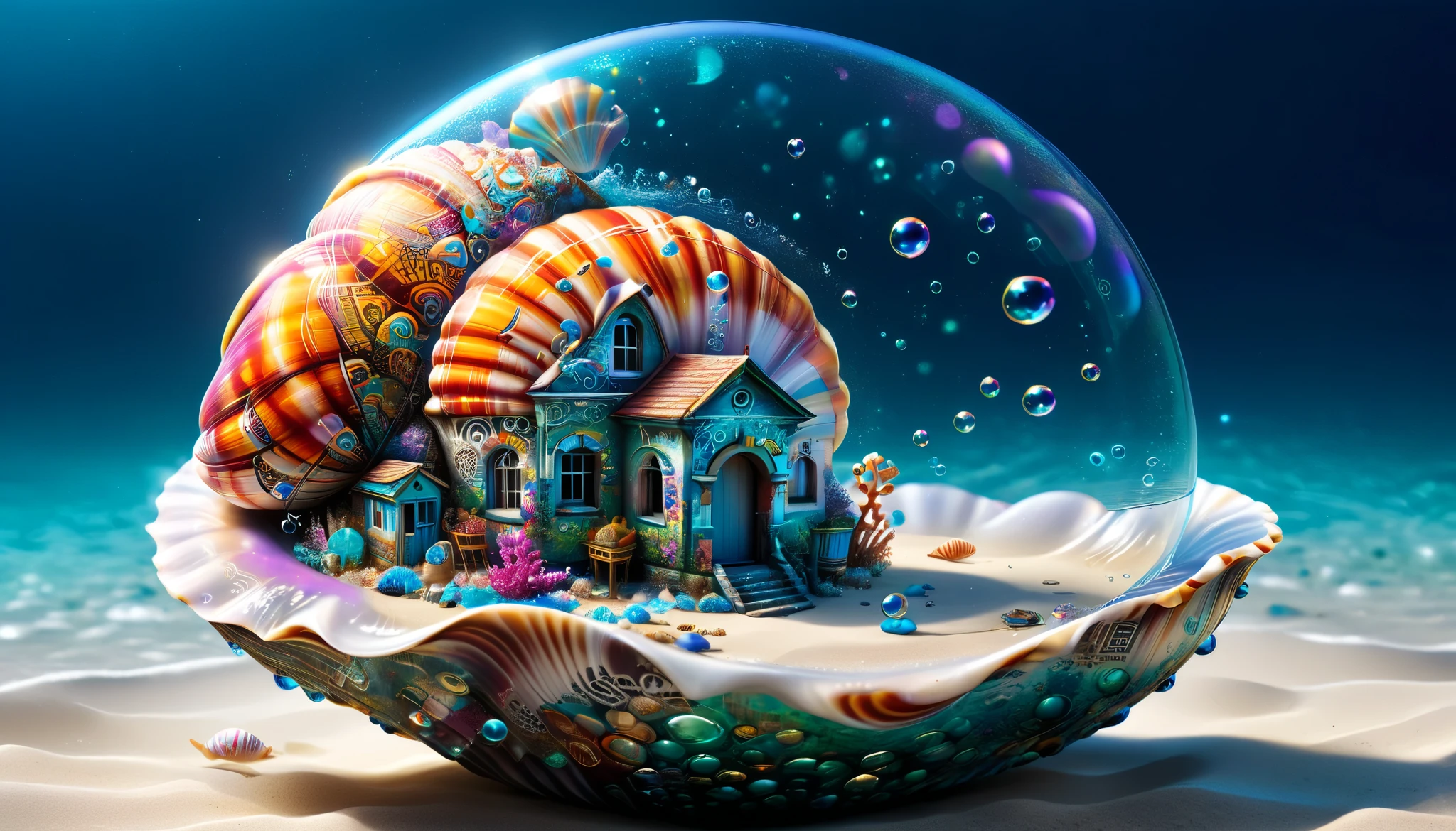 Realistic photo, Detailed digital illustration of a magic shell that fulfills wishes in a floating city with transparent seabed bubbles ais-graffiti, Twinkle light , donmsp3Ctr4lxl