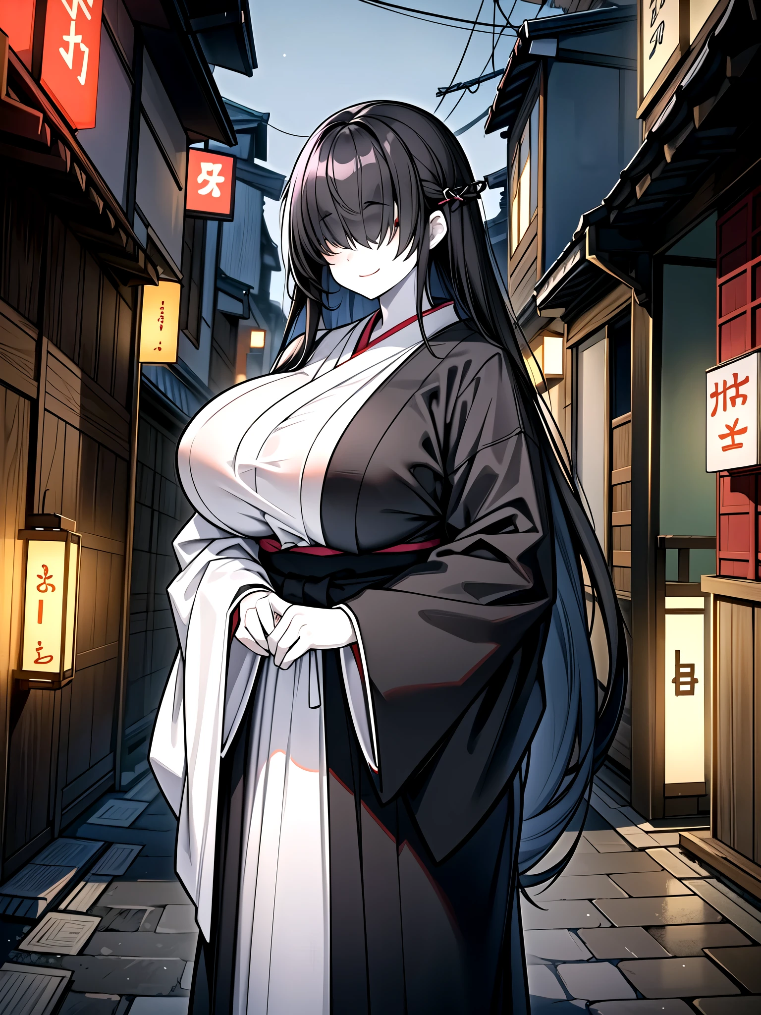 (pale skin:1.16),evil smiling,long hair. (black hair).droopy eyes.Alluring. mature woman,White Hakama,(White colored kimono), MYSTERIOUS WOMAN .(huge sagging breasts:1.2).Very tall,( tall 230 cm ), hypo.Unlucky.Alley at night in Japan.Arms forward.cowboy shot,
