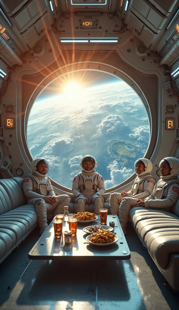 Recreate Leonardo da Vinci's 'The Last Supper' in a futuristic setting within a space station. Replace the biblical figures with diverse colony members, dressed in period-accurate attire tailored to a spacefaring society. Ensure the scene is illuminated by soft, ethereal lighting, mimicking the gentle glow of artificial lights within the space station.

Position the colony members around a long, elegant table, reminiscent of the original composition. Include intricate details on the tableware, incorporating futuristic elements seamlessly blended with the historical context. Adorn the walls of the space station with subtle space-themed artwork and advanced technology interfaces, enhancing the sci-fi atmosphere.

Frame the composition in a way that showcases a breathtaking view of outer space through a large, circular window or porthole in the background. Capture the vastness of space, with distant stars, planets, and nebulas visible through the glass, creating a sense of awe and wonder.

Pay close attention to facial expressions and body language, ensuring the colony members convey a mix of camaraderie, curiosity, and reverence. Balance the classic composition of 'The Last Supper' with the futuristic elements, blending historical artistry with the boundless possibilities of space exploration.

Overall, create an evocative and harmonious scene that seamlessly combines historical artistry, futuristic aesthetics, and the mesmerizing allure of space, capturing the essence of a unique and awe-inspiring moment in the colony's journey.