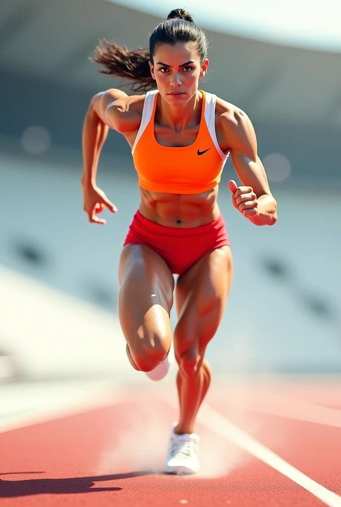 a muscular athlete, athletic female, beautiful athletic woman, dynamic pose, powerful physique, rippling muscles, strong and fit, toned abs, defined shoulders, muscular legs, running, jumping, sports action, dynamic movement, outdoor sports, sweat, determination, focus, sports arena, stadium, competitive spirit, (best quality,4k,8k,highres,masterpiece:1.2),ultra-detailed,(realistic,photorealistic,photo-realistic:1.37),dynamic lighting,cinematic composition,vibrant colors,dramatic shadows