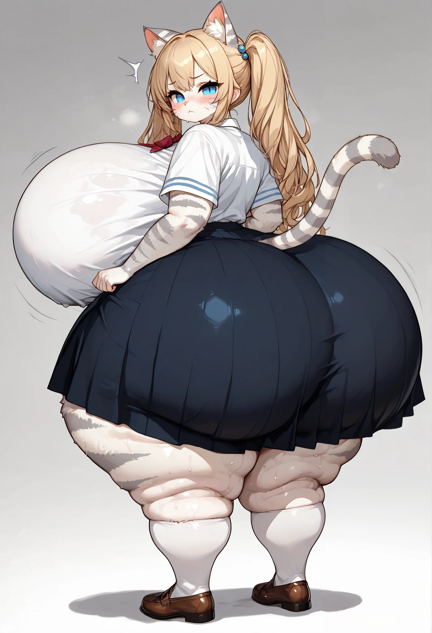 gigantic breasts, gigantic hips, gigantic thighs, slim waist, in seol, dynamic pose, blonde hair in a low bun, masterpiece, best quality, super detail, 4k, 1 girl, korean traditional clothing, gigantic breasts, huge breasts, interesting dynamic pose, stockings, extremely wide hips, huge hips, gigantic hips, huge thighs, gigantic thighs, enormous ass, gigantic ass, huge ass, narrow waist, backside view, cute cat ears