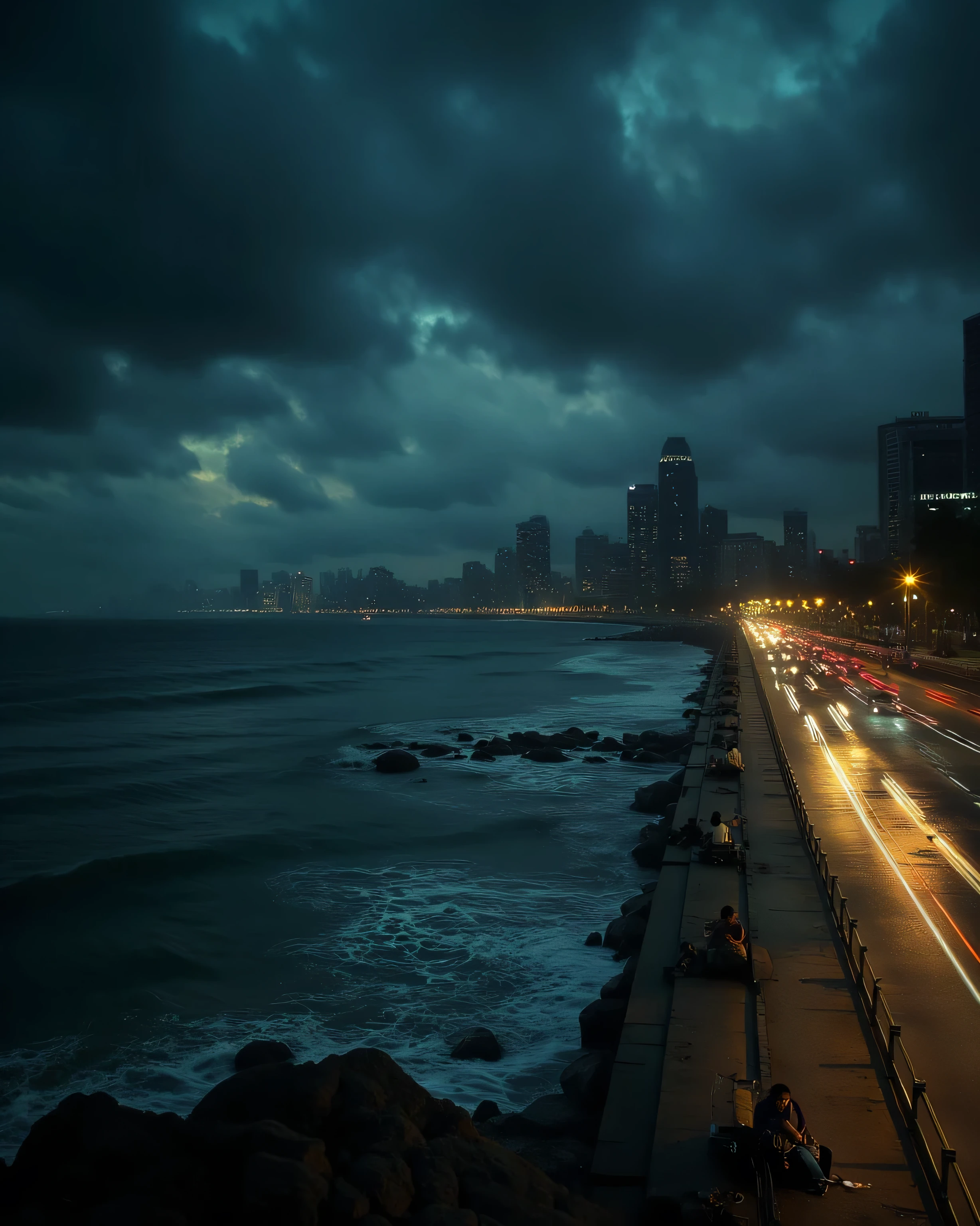 "A stunning long-exposure view of Marine Drive at night, with the Queen’s Necklace glowing in the distance. The Arabian Sea reflects the bright lights of Mumbai’s skyline, creating a magical atmosphere. A couple sits on the promenade, enjoying the cool sea breeze, while a street musician plays the guitar nearby. The street is lined with moving traffic, creating beautiful streaks of red and white lights. The peaceful sound of waves crashing contrasts with the distant hum of city life, making it the perfect escape within the chaos of Mumbai."