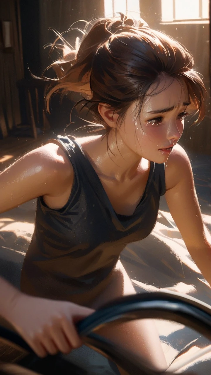 A girl whose whole body is soaked with sweat。Heavy sweat on forehead。