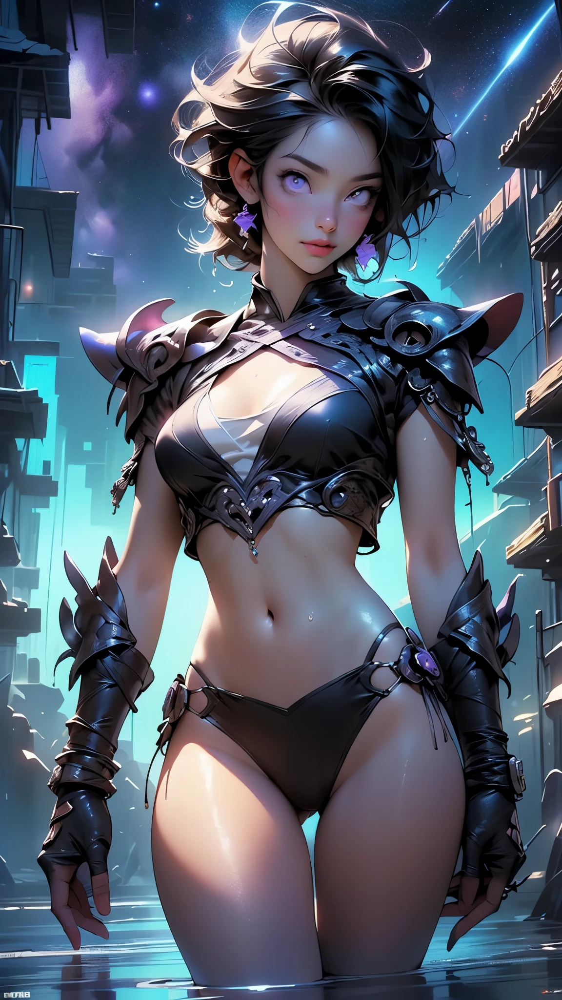 (Masterpiece, Top Quality, Top Quality, Official Art, Beautiful and Aesthetic: 1.2), (Photorealistic: 1.2), Sharp Focus, (Wearing Detailed Body Jewelry, 1girl, Beautiful Sexy, ((Succubus Demon ))), (dynamic pose), (change pose), (dynamic angle), beautiful face, detailed face, perfect proportions, small breasts, navel, crotch gap, thighs, cowboy Shot, Highly Detailed, (Fractal Art: 1.3), Colorful, Best Detailed, (Sexy Armor), ((Movie Lighting)),cool beauty,tall woman,short cut hair,Precisely expresses details such as face and skin texture,beautiful eye,double eyelid,delicate skin,slender body shape,tattoo