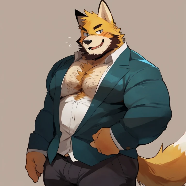 a furry man touching his waist pants in a sexy pose with all his clothes dressed elegantly