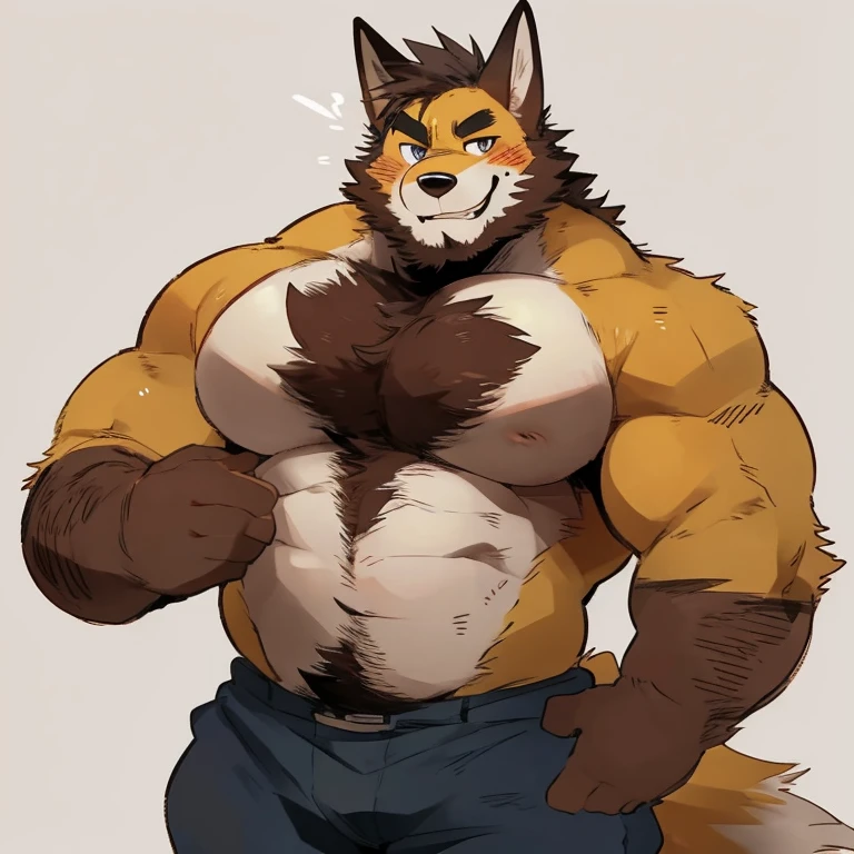 fox, furry, yellow fur, handsome, very muscular, very big, extremely hot and sexy, beard, hair, chest hair, charming eyes, solo, male, happy expression, daddy, full body, big body, clothes, middle aged, by hyaku, by darkgem, by glitter trap boy