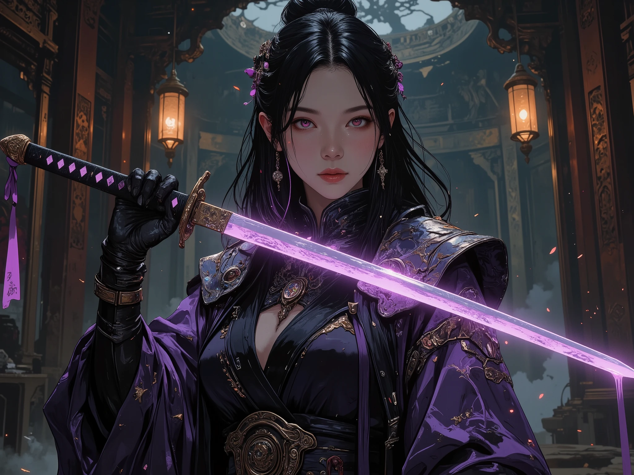 A cunning female antagonist, aged 20-25, of East Asian descent, exudes deceptive innocence. Her porcelain skin creates a stark contrast with her striking pink diamond-shaped irises, which shine with an unnatural brilliance, piercing through her otherwise guileless expression.
Her long, raven-black hair cascades in silken waves, partially obscuring a face adorned with diagonal crystalline cuts, subtly hinting at the darkness within. She stands in a poised yet subtly menacing diagonal stance, her quiet confidence bordering on arrogance.
She grips a uniquely crafted katana, its organic, elegant curves blending traditional wuxia design with an eerie, sinister grace. The blade shimmers with an ethereal glow, as if imbued with arcane energy.
Her flowing combat-ready attire, woven in deep lilac and black, exudes an air of refinement and lethal precision. Durable black gloves and boots, designed for both elegance and combat, reinforce her warrior’s presence. Xian crystals adorn her outfit, secured with delicate lilac ribbons, casting a subtle, spectral glow, accentuating her ethereal yet menacing presence.
The setting is a dimly lit, ornate chamber, reminiscent of an ancient palace or temple, adorned with jade and obsidian elements, their surfaces reflecting a cool, ghostly light. The background is shrouded in shadows, obscuring the finer details and intensifying the mysterious and foreboding atmosphere.
Rendered in a fusion of wuxia fantasy art and cinematic illustration, this piece employs sharp lines, contrasting textures, and a high-contrast chiaroscuro effect. The smooth, polished Xian crystals stand out against the rough texture of her garments and the gleaming, razor-sharp edge of her katana.
The mood is darkly alluring, exuding both beauty and menace. The camera angle is slightly low, emphasizing her commanding, almost regal presence.
High-resolution, 8K, intricate details.