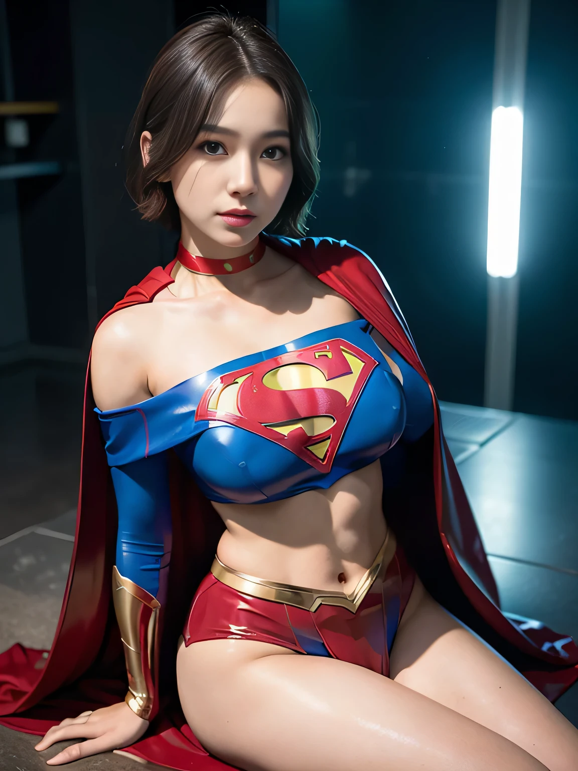 masterpiece、Rubber Supergirl Costume、short hair、Rubber Long Boots、Big and ample breasts、shiny sweaty skin、looking at the camera、choker、Long sleeve、Sexy poses to seduce、Off the shoulder、latex、From the front、athlete、Racing Bloomers、Red Cape、Muscle training、Beautiful Abs、Photo magazine cover、operating room、wallpaper for pc、