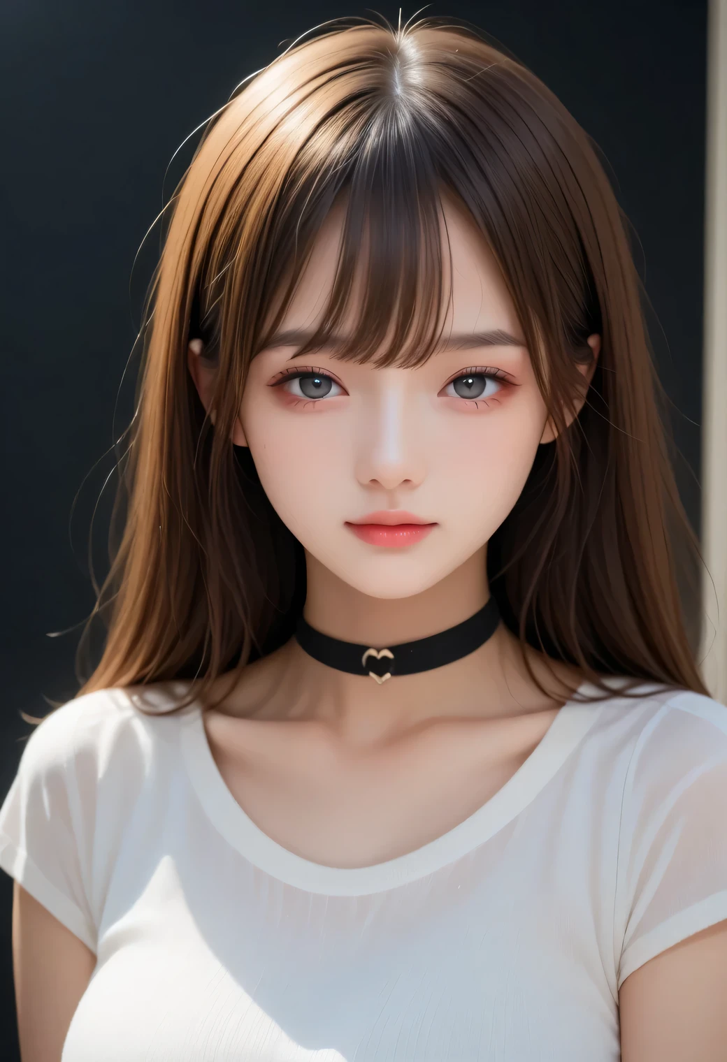 Standing in a bright environment inside、Japanese idol style succubus beauty。features long, straight brown hair and bangs、 has a mysterious atmosphere 。Her eyes are mesmerizing 、, lips are colored bright red、wears a black choker around her neck。wears a simple white t-shirt、that makes you feel casual yet bewitching。 the background is softly blurred 、a woman with long hair stands quietly。The lighting is natural、and uniform light wraps around the entire body、creates a smooth impression by suppressing contrast。 big breasts、 rich bust