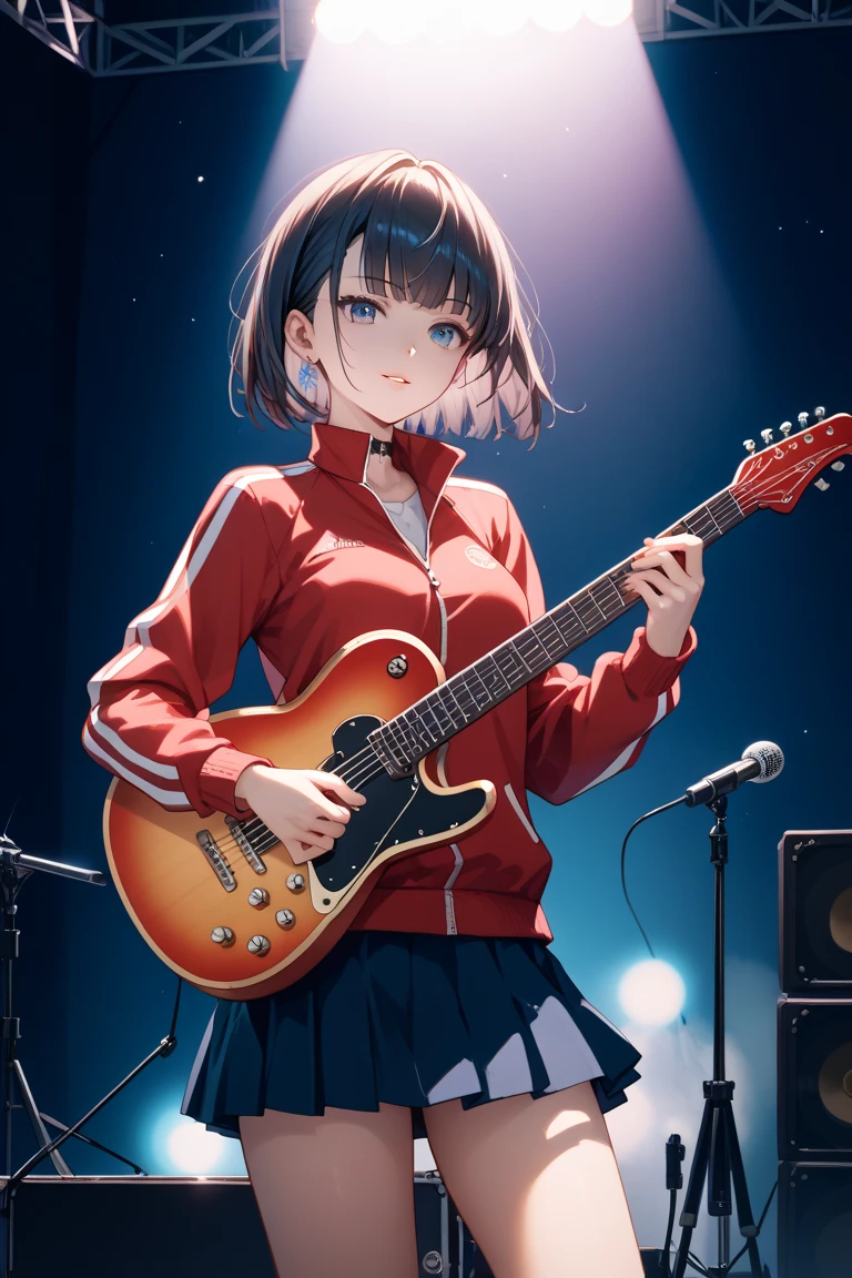 Beautiful and attractive anime woman, Enchanting anime girl, Top rated on pixiv、hoodie、band、Playing electric guitar、Group live on stage、bandグループの一員、Short Bob、A revealing outfit