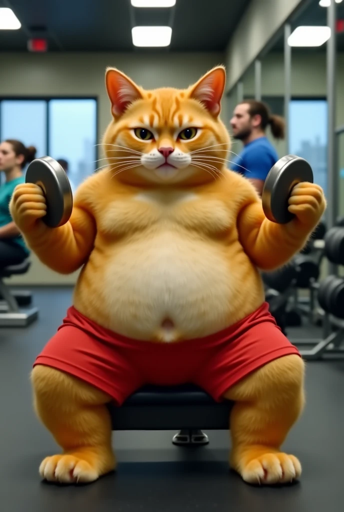There is a cat sitting on a bench with a barbell, chonker cat, cute cat anime visuals, Garfield the Cat, superhero fat cat, new cat movie, exercising, fat cat, ginger cat, fierce expression 4k, lifting weights, muscular !!, Awesome CGI, Garfield, kucing itu oranye, Chris Evans as a powerlifter