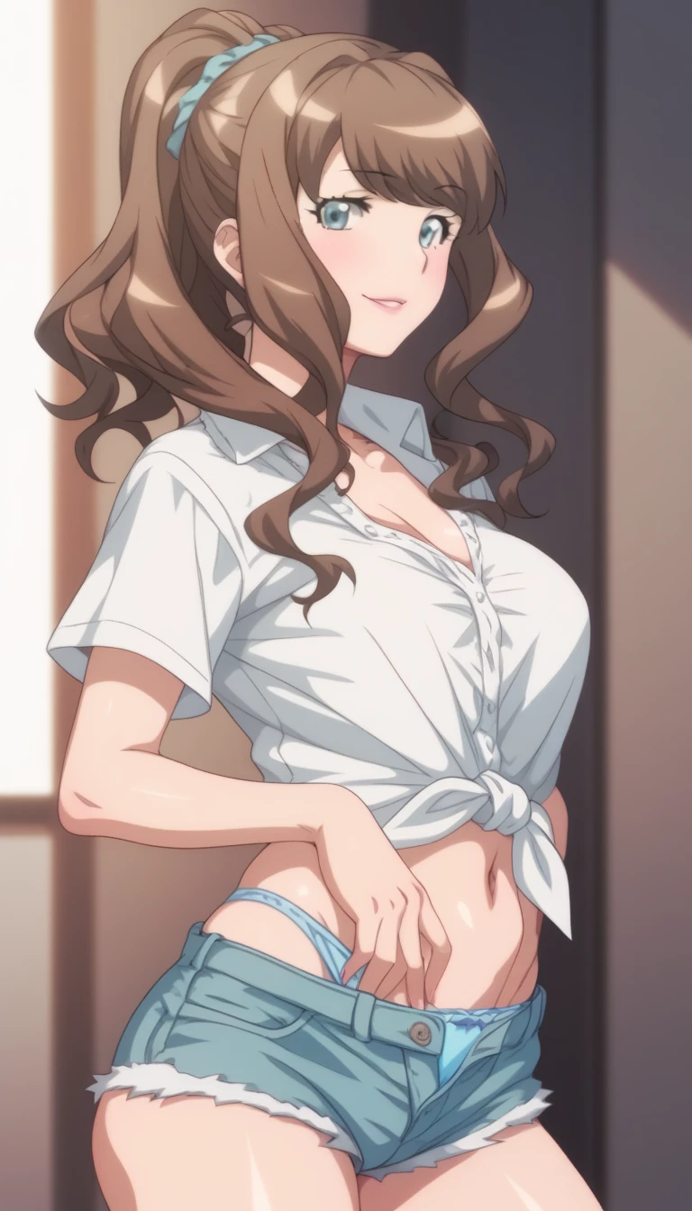 1girl, shirt lift, undressing ,pov , cowgirl position eft_oshi_step, 1girl, jewelry, solo, earrings, , , looking at viewer, , long hair, brown hair, turtleneck, bangs, , closed mouth, hand up, hair between eyes, aged up, breasts, purple eyes, brown eyes, multicolored eyes mature woman,(narrow_waist), thigh、big breasts,, bikini underneath , smile, bedroom