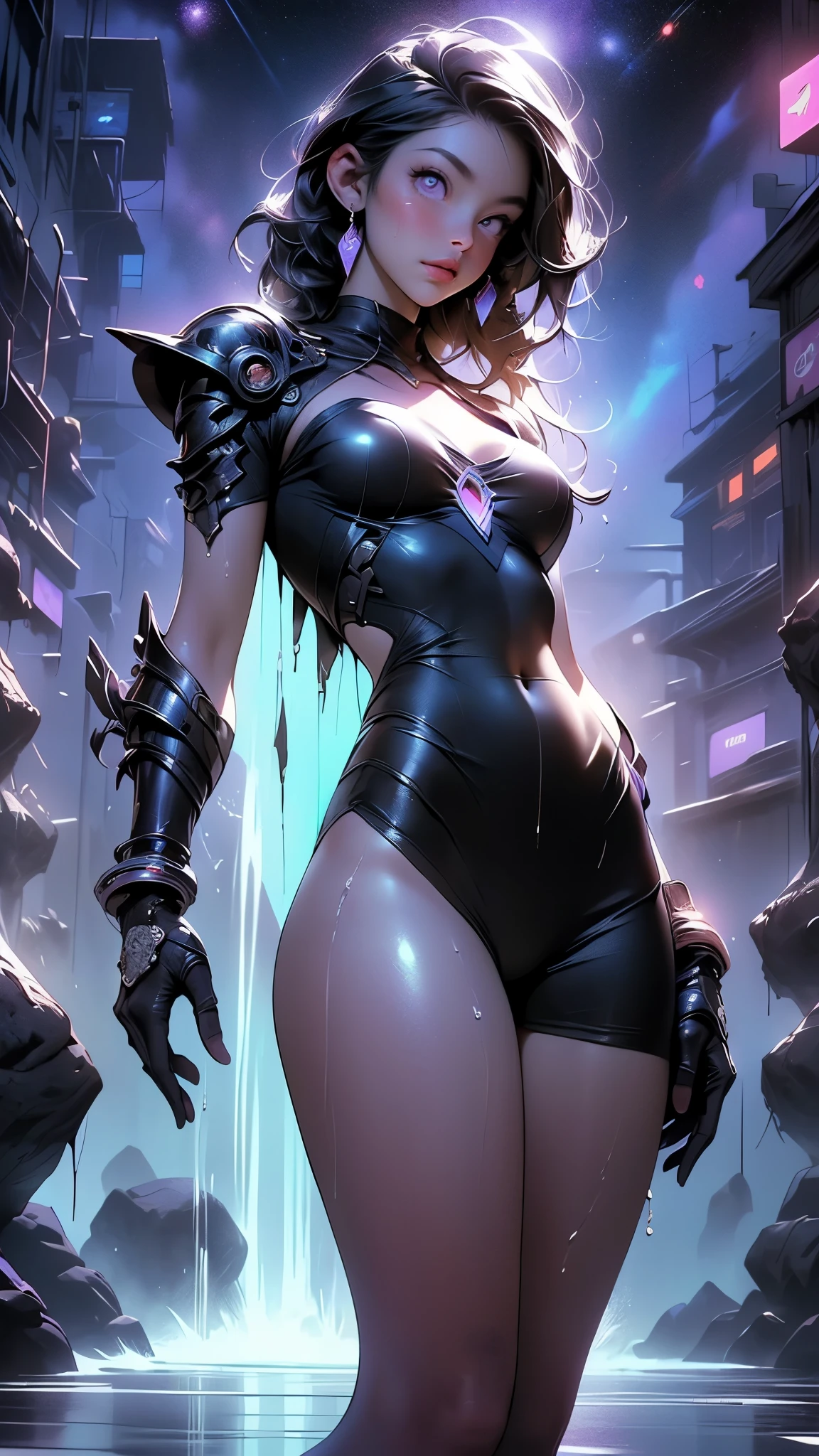 ((Best quality)), ((masterpiece)), (detailed: 1.4), (Absurd), paper, colorful line art, perfect face, Hot Latin woman fighter pilot ready for war, dark skin, lightning and lightning, defined muscular sculptural body, Wolverine mask, (((full body))), bare half-thick thighs, closed mouth, muscular body covered in purple tech clothing, Neon Genesis Evangelion style, cyberpunk, generous neckline, ((perfect small breasts)),  (lilac eyes), ((totally purple clothing with golden rays)), (((short dark purple straight hair)))), long black eyelashes heavy makeup, garter belt, niji --V5, close to real, psychopathic, crazy face, sexy pose, red and white background, 2 pieces clothing, centered, scale to fit dimensions, HDR (High Dynamic Range),Ray Tracing,NVIDIA RTX,Super-Resolution,Unreal 5, Subsurface Dispersion, PBR Texture, Post-processing, Anisotropic Filtering, Depth of Field, Maximum Clarity and Sharpness, Multilayer Textures, Albedo and Specular Maps, Surface Shading, Accurate Simulation of Light-Material Interaction, Perfect Proportions, Octane Render, Two-Tone Lighting, Wide Aperture, Low ISO, White Balance, Rule of Thirds, 8K RAW, Crysisnanosuit