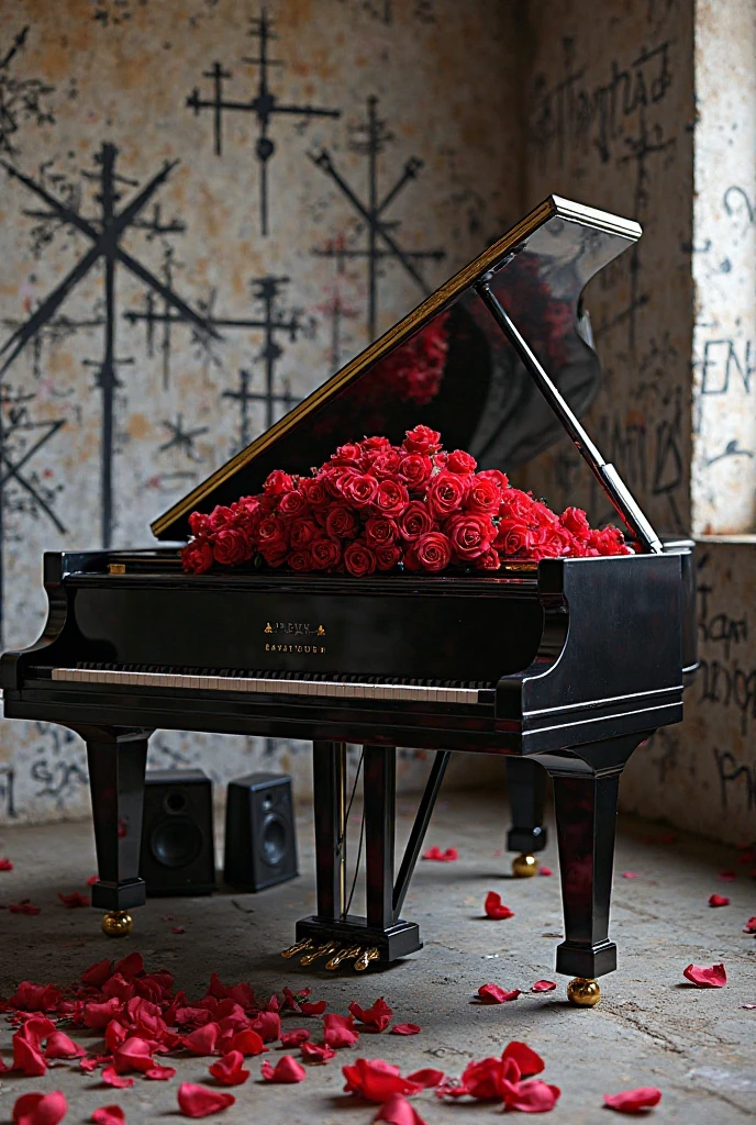 Piano catching focus with several hearts broken to cry a lot of blood and with a title "The Boys" and subtitle "Solidão" in a valley of death