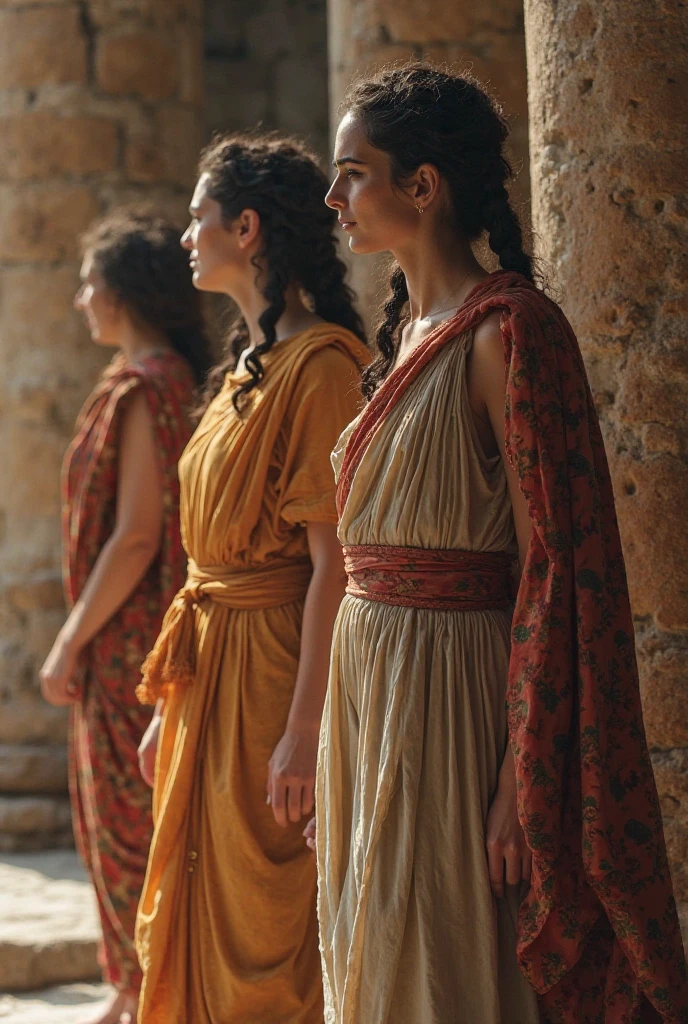 Best quality, 4k, high-end, ultra fine: 1.2), realistic, ancient roman, Depict the moment when a group of prostitutes gather to discuss their mandated hair dyeing, portraying their solidarity or despair.