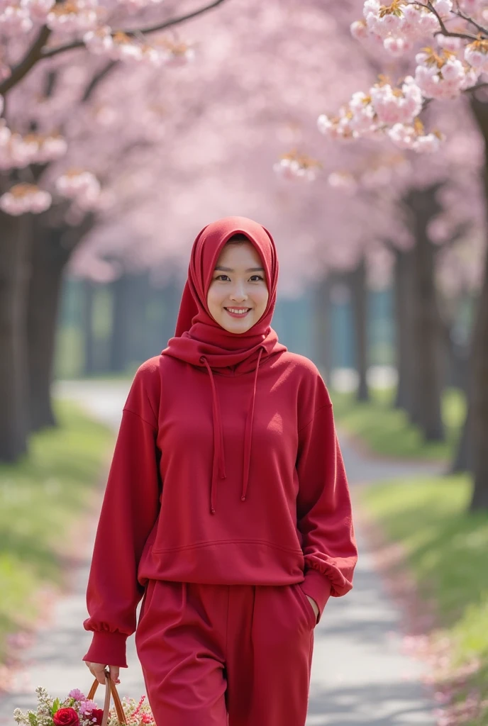 Beautiful Korean girl with white skin. Well-groomed face, sweet smile, sitting leaning under a shady tree trunk, surrounded by small red flowers, there are realistic red ants, smiling slightly, red hijab with a combination of pink, red knitted hoodie with a combination of pink motifs decorated with cherry motifs, black cropped trousers with lots of pockets, background wide rivers and mountains and trees, original and realistic photos