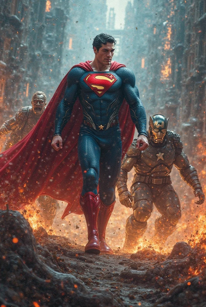 (A horde of undead, rotten, zombied, superheroes) rise from the ground and shamble towards Superman who is praying on a moonlit night, ruins of Tokyo
