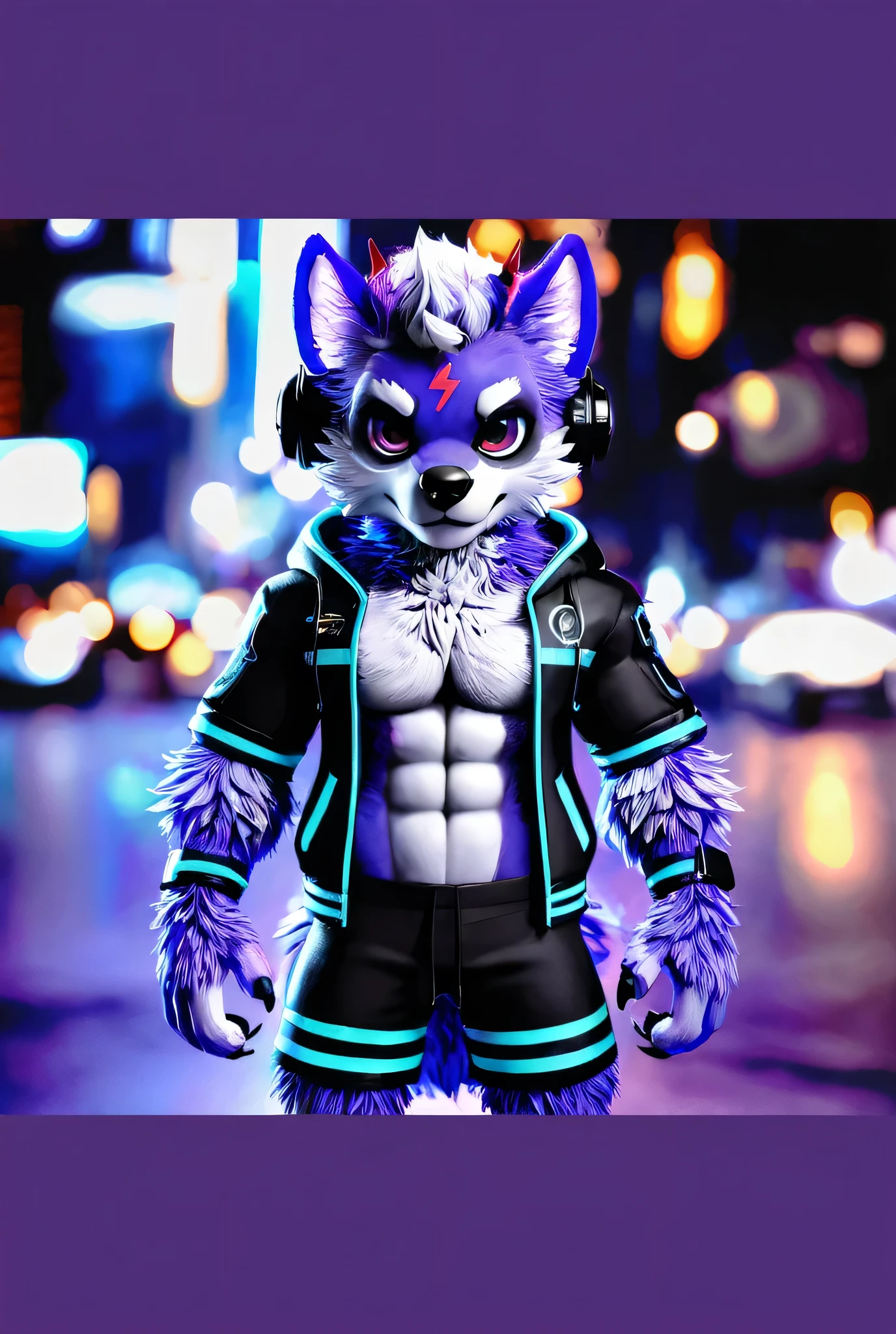 3D Style,Full body view,A humanized purple werewolf,has a cute appearance
Subscript,has a prominent red lightning logo on the forehead,
grows a pair of gradated horns on its head(tip is red
Color,Gradually transition to blue ),on its head and ears
Dory has white hair,wears technology elements
plain blue and black color jacket,chest or back straps
Has a lightning logo,Wearing earphones,handheld
Tube,cyberpunk detail,Strong body,skin
The meat line is obvious,Delicate hair,cinematic lights
Light,stereoscopic modeling rendering, Highly detailed ,
8K ultra-clear,Ultimate texture
