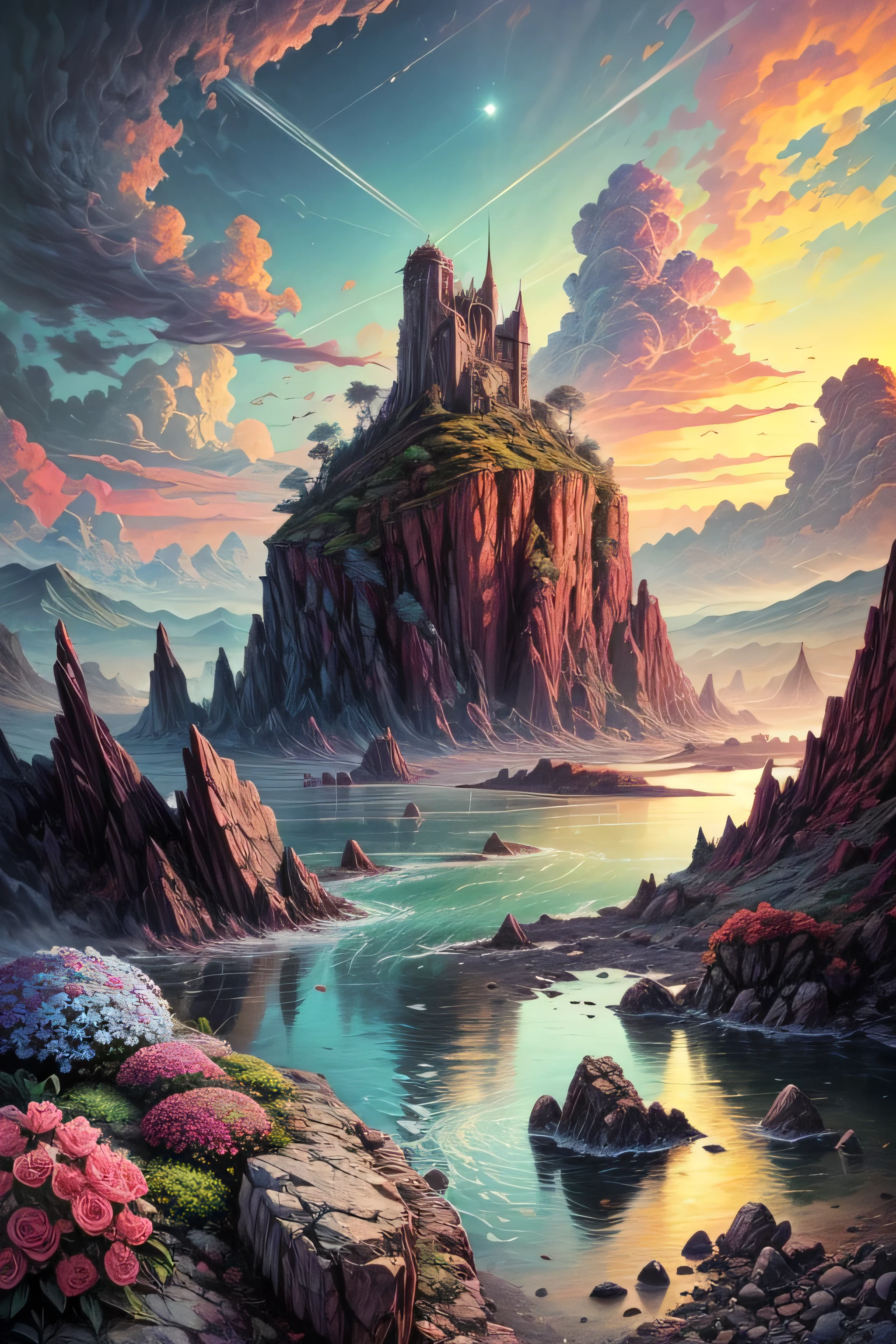 Masterpiece, Large island, colored flowers. Beautiful sky and rocks in the distance. Adventure landscape . Maximum quality, Detailed.