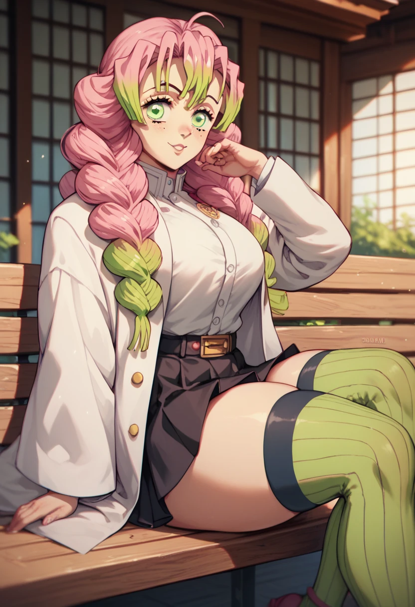detailed face, detailed eyes, detailed skin, extremely detailed, intricate details, mitsuri kanroji, braid, zh_mushyee_normalgirl, Emmy Rossum, zh_mushyee_cosplaygirl, pale skin, tattoo, freckles, lips, gradient hair, (green eyes:1.5), green hair, long hair, mole, mole under eye, multicolored hair, pink hair, twin braids, two-tone hair, looking at viewer, solo, thin waist, slim, hourglass figure, medium breasts, belt, black skirt, cleavage, coat, demon slayer uniform, haori, japanese clothes, long sleeves, miniskirt, partially unbuttoned, pleated skirt, skirt, uniform, thighhighs (masterpiece, best quality, high resolution:1.4), (seductive pose:1.2), (dynamic angle), detailed fantasy background, fcDetailPortrait, detailed face, detailed eyes, detailed skin, extremely detailed, intricate details, casual photography, HDR, natural light, (anti-aliasing:1.2), elegant, soft scattered light, realistic proportions, limited palette, backlit, accent lighting, (neutral colors:1.3), cross process, cinematic lighting, coherent light, coherent shadows, cowboy shot,