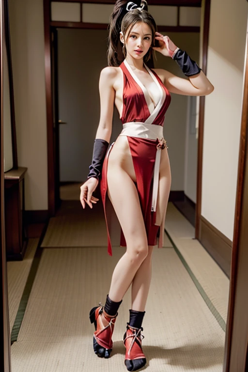 (mai shiranui:1.6), (tabi:2.0), (toe:1.2), (Full body portrait:2.0), Full body, (Realism), (masutepiece:2.0), (Best Quality), (ultra-detailliert), (8K, 4K, Convoluted), (Flat Lighting:1.2), (skinny), Prestige, Brown eyes, Long hair, brown eyes, long hair, brown hair, white ribbon, sleeveless, ponytail, sash, pelvic curtain, arm guards, gloves, tabi, fascinated expression, Sexy eyes, slim, medium breasts, Smile, Cute, view the viewer, Long hair, Close to Japan temple, (breasts focus:1.2), (Realistic:1.2), (Full Shot: 1.2), (85 mm), light Particle, Lighting, (Highly detailed:1.2), (Detailed face:1.2), (gradients), SFV, Colorful, (Detailed eyes:1.2), (Detailed temples of Japan: 1.2),(Detailed background), (Dynamic Angle:1.2), (Dynamic Pose:1.2), (Line of action:1.2), Wide Shot, Daylight, Solo.