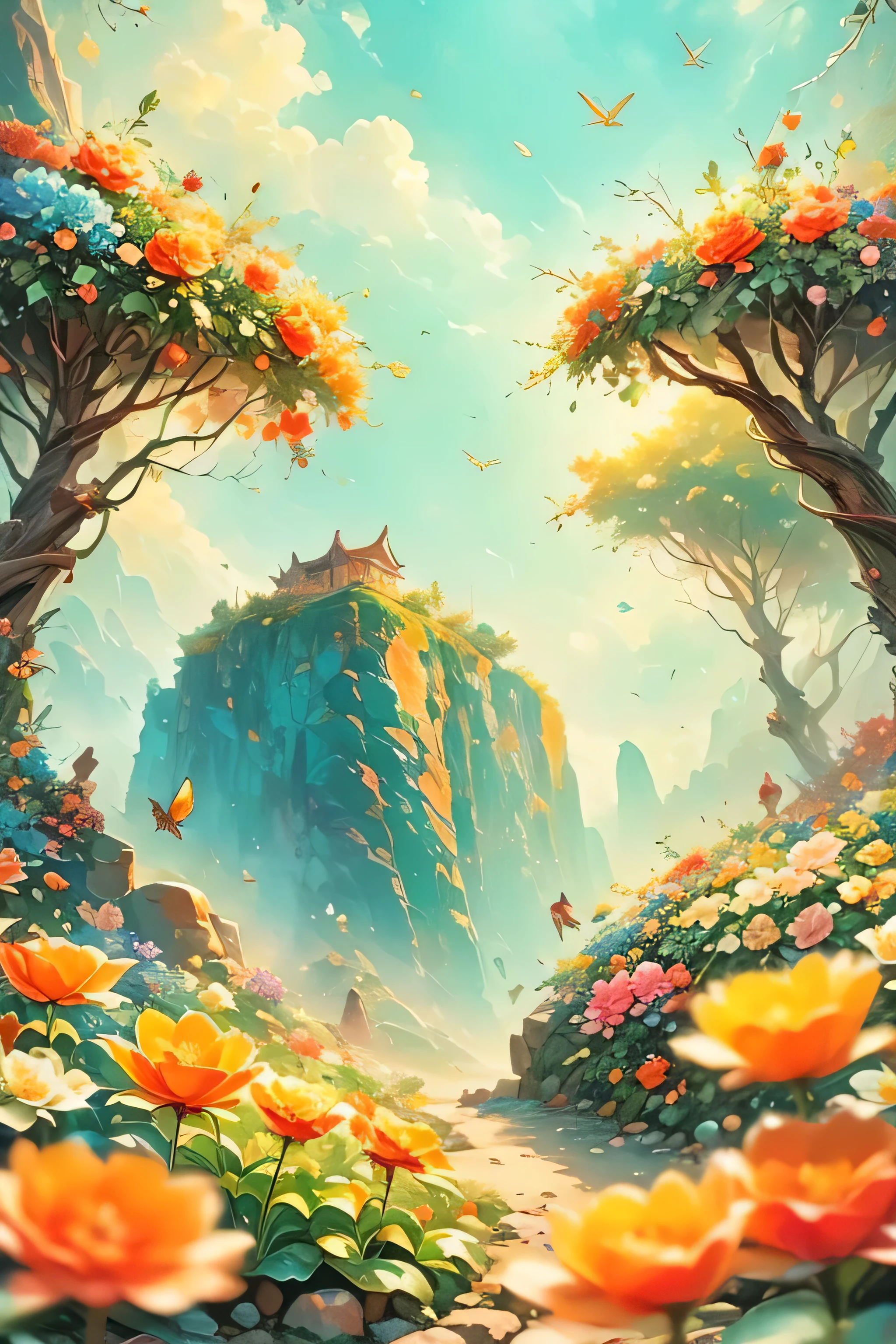 Masterpiece, Large island, colored flowers. Beautiful sky and rocks in the distance. Adventure landscape . Maximum quality,  Detailed.