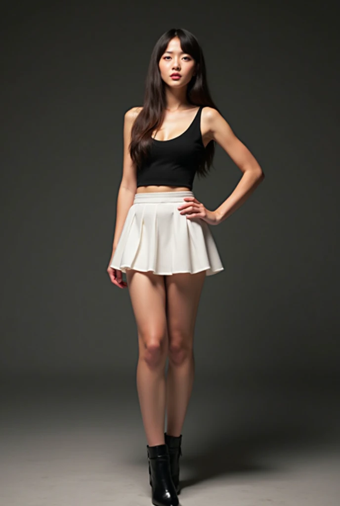 Young women,big eyes,High nose bridge,Small lips,big ear,Full breasts,Short skirt,Long legs,White high heels,Holding US dollars in hand