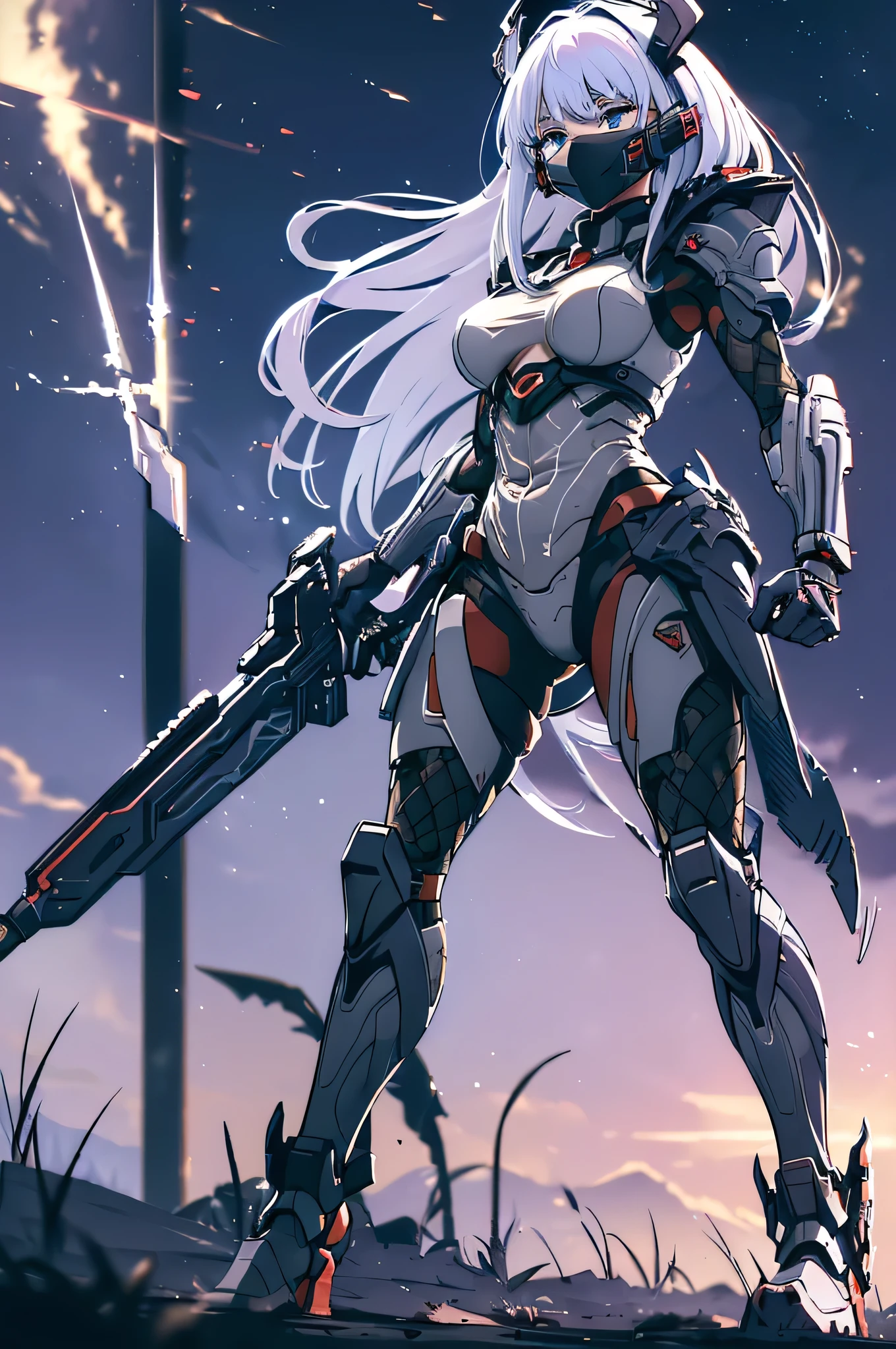 (masterpiece), (high resolution), (alone), (perfect face), (beautiful Korean high school girl), ((long straight white hair and bright blue eyes)), , white hair, red tartan plaid clothes, smile, stare, stand, watch the audience, ((Long white hair)), ((Long straight white hair and bright blue eyes)), beautiful face, white background, embarrassed look, look at the camera, (high quality eyes), detailed texture, look at me, cool women, ((high resolution eyes)), masterpiece, best quality, (long hair), (Woman wearing full Predator armor from the film), detailed full body, (detailed eyes), (The Predator's small 10cm plasma cannon is an advanced weapon used by alien hunters known as Yautja. It is capable of fire highly energized plasma projectiles that can pierce or vaporize almost any material. (The cannon is mounted on the user's shoulder and is controlled via a visor affixed to the helmet.) (The cannon can track thermal targets and adjust fire power based on distance and target strength.) (The cannon also has an automatic reloading system utilizing a portable power generator.) The Plasma Cannon is one of the most powerful and feared weapons in the Predator arsenal, being used both to hunt dangerous prey and to eliminate potential threats.), (She wears long blades on her wrist like a Predator), ((The Predator's Wrist Blade is a lethal weapon used by this alien species in their hunts. It consists of a metal sheath that fits around the user's forearm, with a mechanism that allows it to project and retract two curved blades about 30 centimeters in length. The blades are made of an extremely durable and sharp material, capable of easily cutting through flesh, bone, and even metal. The Wrist Blade is activated by a button on the glove, or by a mental command through a neural implant), (She wears a full Predator Bio-Mask covering her face), 16k quality, Cinematic