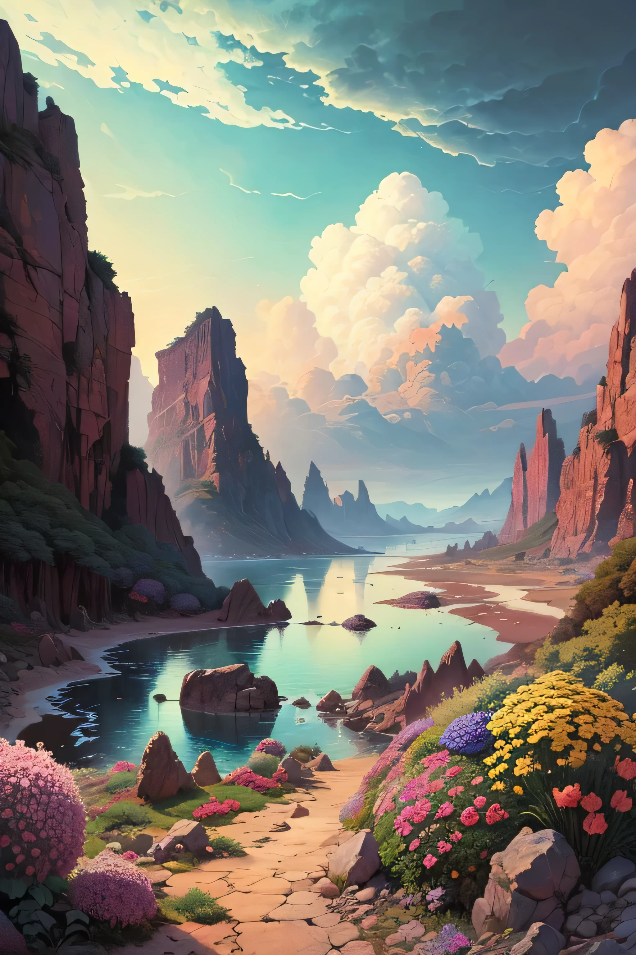 Masterpiece, Large island, colored flowers. Beautiful sky and rocks in the distance. Adventure landscape . Maximum quality, Detailed.