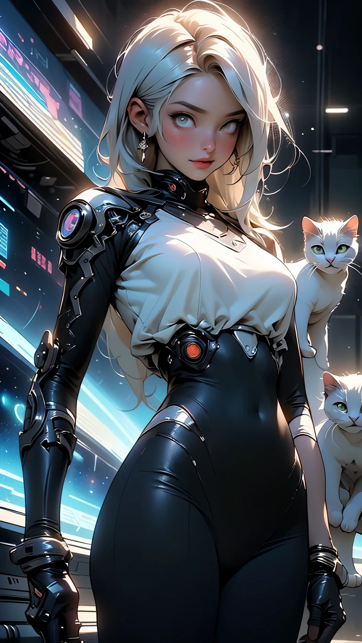 ((Masterpiece)), best quality, absurderes, ultra detailed, holographic, cowboy shot, dynamic pose, golden ratio, super cute girl, mature girl, super beautiful Asian girl with super beautiful eyes, super beautiful hair, high ponytail, nice and sexy body, slim and delicate body, perfect body, wearing a super tight white leotard, a neon cat diadem, being photographed in a futuristic cinema