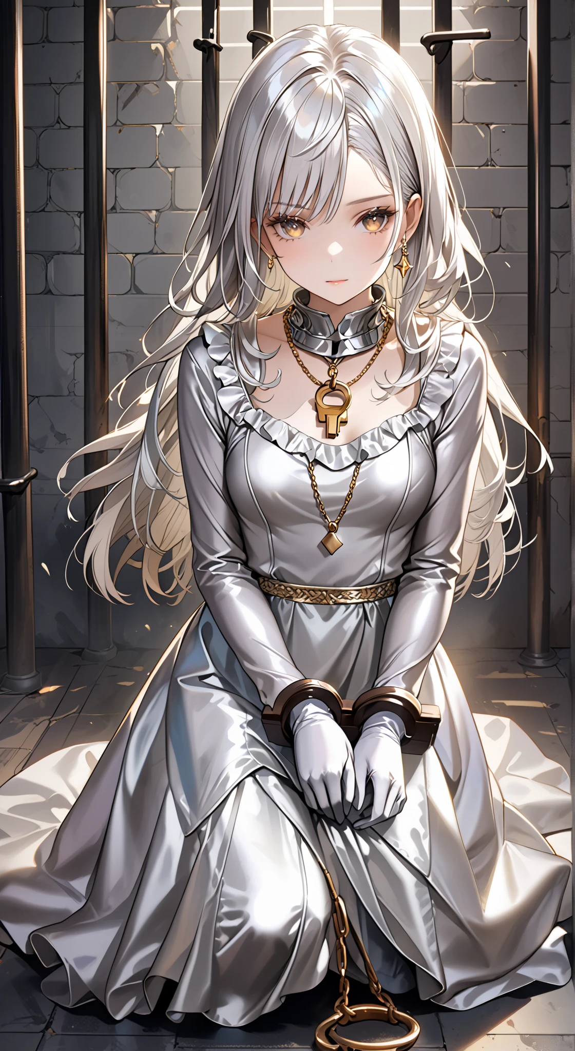 portrait、god々Shining light、( masterpiece, top quality, Ultra High Resolution ),Extremely detailed CG, Japanese woman with pale silver hair,(( beautiful face)),(( long sleeve long dress made of pale silver satin))、((The dress has a simple design without embellishments)),Ruffled Skirt、(Well-fitting pale silver satin bodysuit )、pale silver satin gloves, (wearing a simple key on a golden necklace ), kneeling in a jail cell