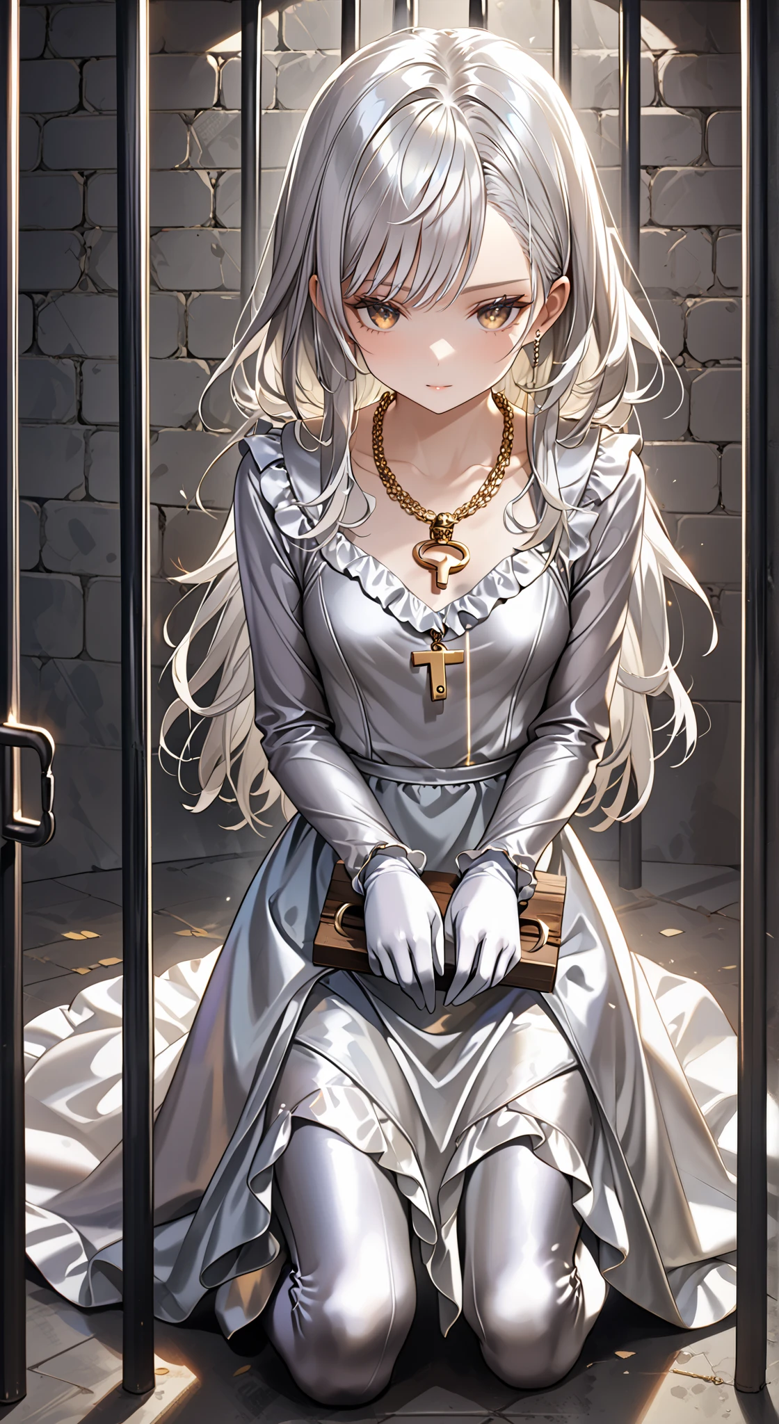 portrait、god々Shining light、( masterpiece, top quality, Ultra High Resolution ),Extremely detailed CG, Japanese woman with pale silver hair,(( beautiful face)),(( long sleeve long dress made of pale silver satin))、((The dress has a simple design without embellishments)),Ruffled Skirt、(Well-fitting pale silver satin bodysuit )、pale silver satin gloves, (wearing a simple key on a golden necklace ), kneeling in a jail cell