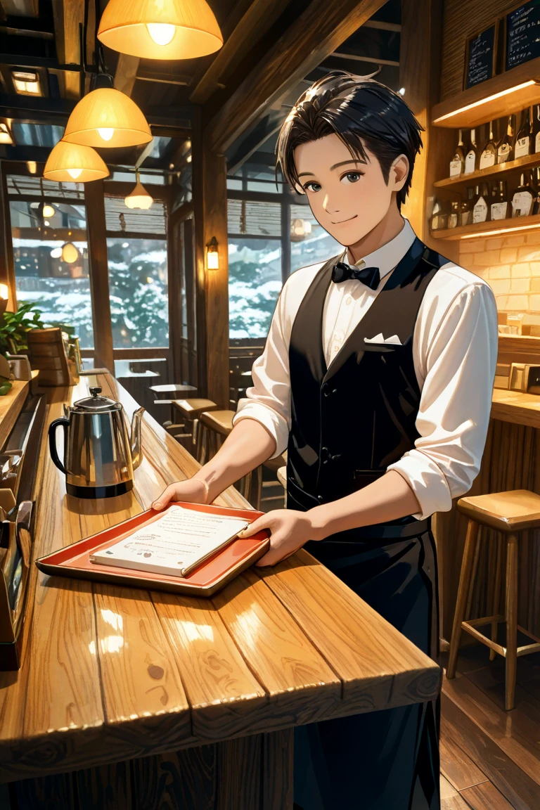 bespectacled man smiling in waiter clothes holding a serving tray, cartoon, pixar, full hd, fundo da imagem branco, 8k --auto --s2