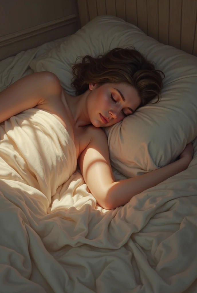 Sleeping girl,age 22,petite,realisticlying,Wearing a silk nightdress,Realistis,Detailed face
