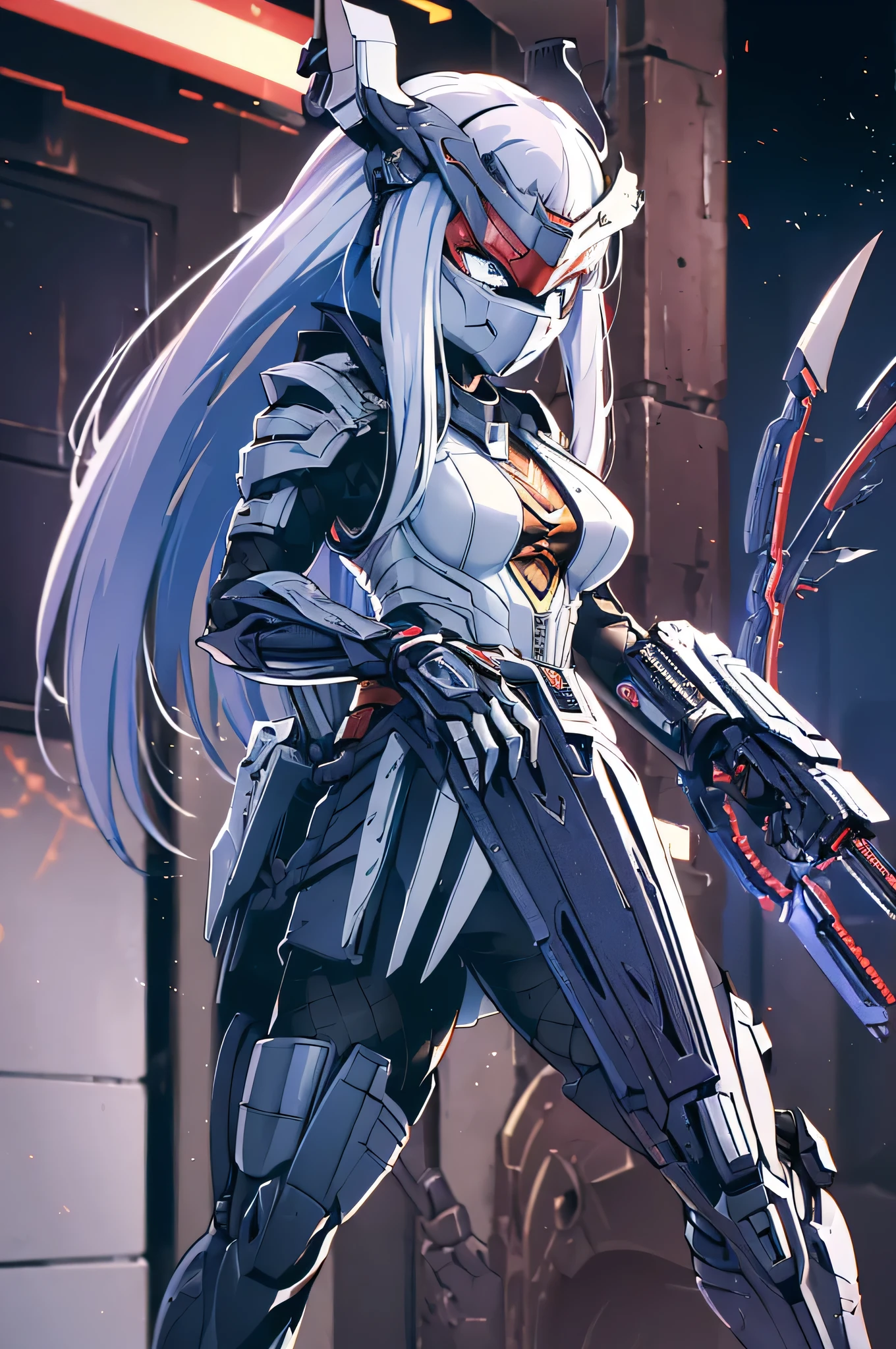 (masterpiece), (high resolution), (alone), (perfect face), (beautiful Korean high school girl), ((long straight white hair and bright blue eyes)), , white hair, red tartan plaid clothes, smile, stare, stand, watch the audience, ((Long white hair)), ((Long straight white hair and bright blue eyes)), beautiful face, white background, embarrassed look, look at the camera, (high quality eyes), detailed texture, look at me, cool women, ((high resolution eyes)), masterpiece, best quality, (long hair), (Woman wearing full Predator armor from the film), detailed full body, (detailed eyes), (The Predator's small 10cm plasma cannon is an advanced weapon used by alien hunters known as Yautja. It is capable of fire highly energized plasma projectiles that can pierce or vaporize almost any material. (The cannon is mounted on the user's shoulder and is controlled via a visor affixed to the helmet.) (The cannon can track thermal targets and adjust fire power based on distance and target strength.) (The cannon also has an automatic reloading system utilizing a portable power generator.) The Plasma Cannon is one of the most powerful and feared weapons in the Predator arsenal, being used both to hunt dangerous prey and to eliminate potential threats.), (She wears long blades on her wrist like a Predator), ((The Predator's Wrist Blade is a lethal weapon used by this alien species in their hunts. It consists of a metal sheath that fits around the user's forearm, with a mechanism that allows it to project and retract two curved blades about 30 centimeters in length. The blades are made of an extremely durable and sharp material, capable of easily cutting through flesh, bone, and even metal. The Wrist Blade is activated by a button on the glove, or by a mental command through a neural implant), (She wears a full Predator Bio-Mask covering her face), 16k quality, Cinematic