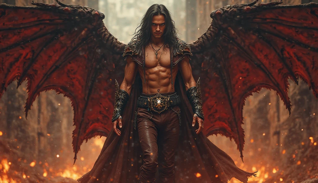 A fallen angel, Lucifer, androgynous in appearance, with black torn wings and drooping feathers. His eyes are a deep, fiery red., full of anger and defiance. He has long, dark, tousled hair that waves violently around him.. He wears dark and damaged armor, with demonic symbols engraved on it. Wields a huge two-edged sword, with a dark and menacing glow. The background is an apocalyptic landscape, with stormy clouds and flames surrounding it. The lighting is dramatic, with deep shadows that accentuate his facial features and the muscles of his body. artistic style: Hyperrealism, dark fantasy.