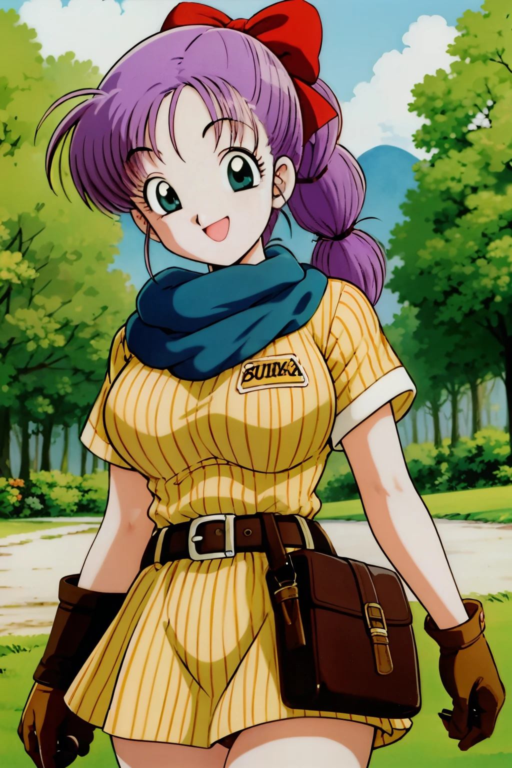1990s\( style\)、1990sアニメセル画 style、Best Quality、Hi-Res、( big eyes:1.2)、1 girl、、embarrassing、smile、( Big Breasts:1.2)、、masterpiece、 Best Quality、( 1 girl:1.4)、full body、masterpiece、Best Quality、Hi-Res、slender,busty,blmpony、 purple hair 、hair bow、braided ponytail、 Vertical Striped Dress ,yellow shirt、belt、 scarf、yellow skirt、super miniskirt, brown gloves、、Outdoors、cowboy shot getting an erection、is waving、smile