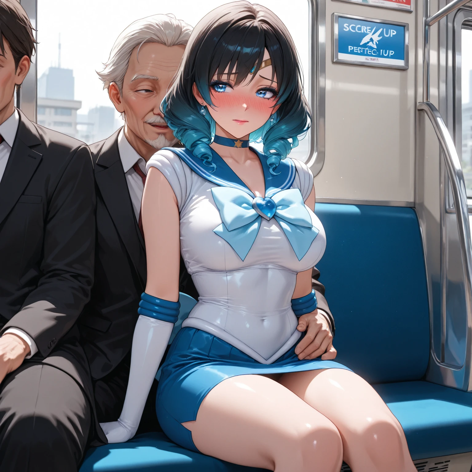 1 woman with extremely tight maid clothes on her body and several men, inside a bus, she is being squeezed by all of them, she is being imposed on the corner of the bus, she is smiling looking at the viewer, blue hair, mask removed, yellow eyes, smoke, impressionism, Pixar, film grain, high details, masterpiece, high quality