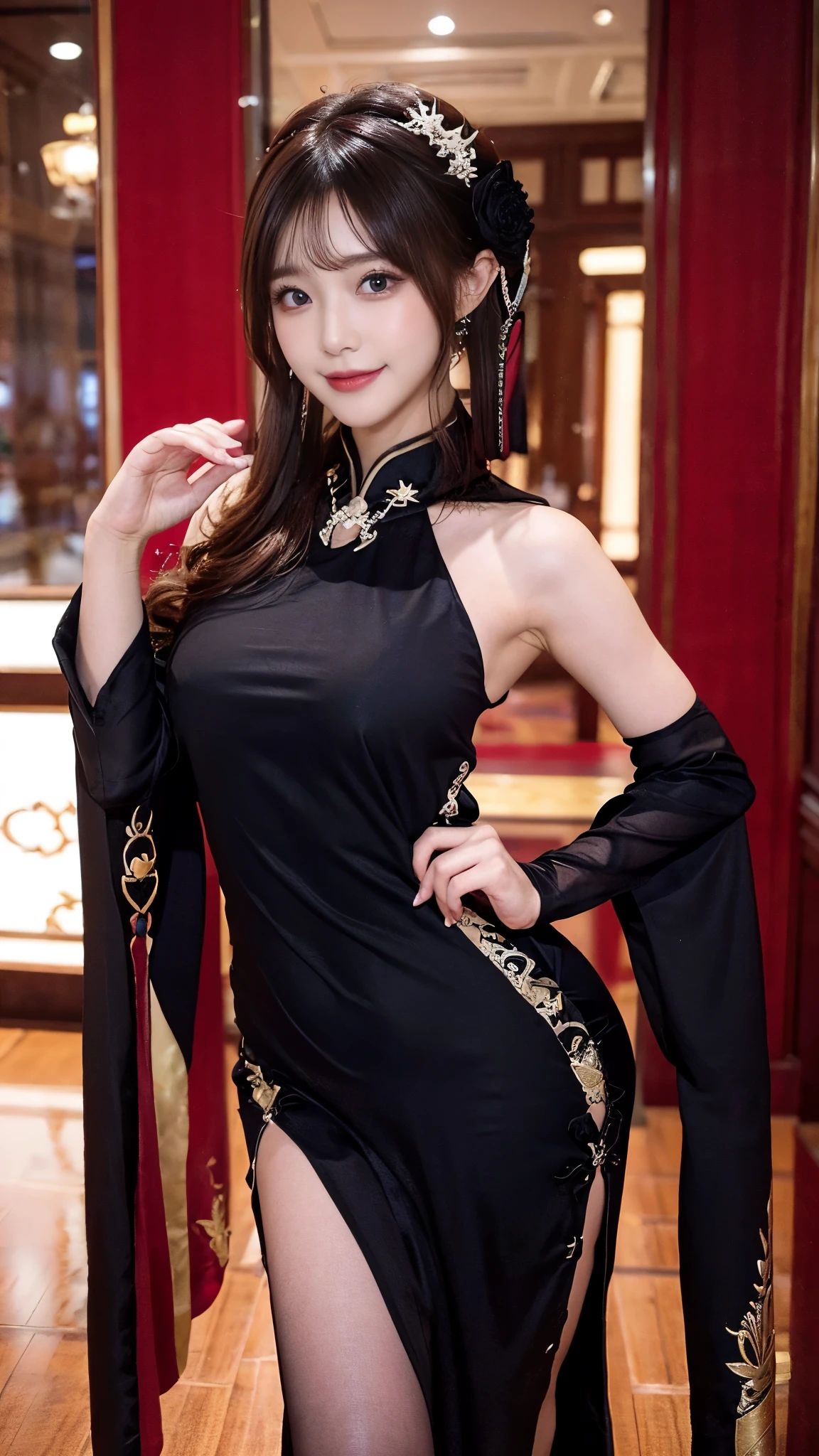 Chineseメイク、Beauty、Chinese、32k,China dress、Long Black Hair、Realistic、Realistic、Boa Hancock lookalike、Stylish、Long legs、Constriction emphasis、The background is also Chinese style.、赤いChina dress、sexy、Too much exposure、tall、10 heads、Small face、Eyes wide open、Accentuate your butt、見返りBeauty図、Exposing the chest、China dressがピチピチ、33 years old、Alluring