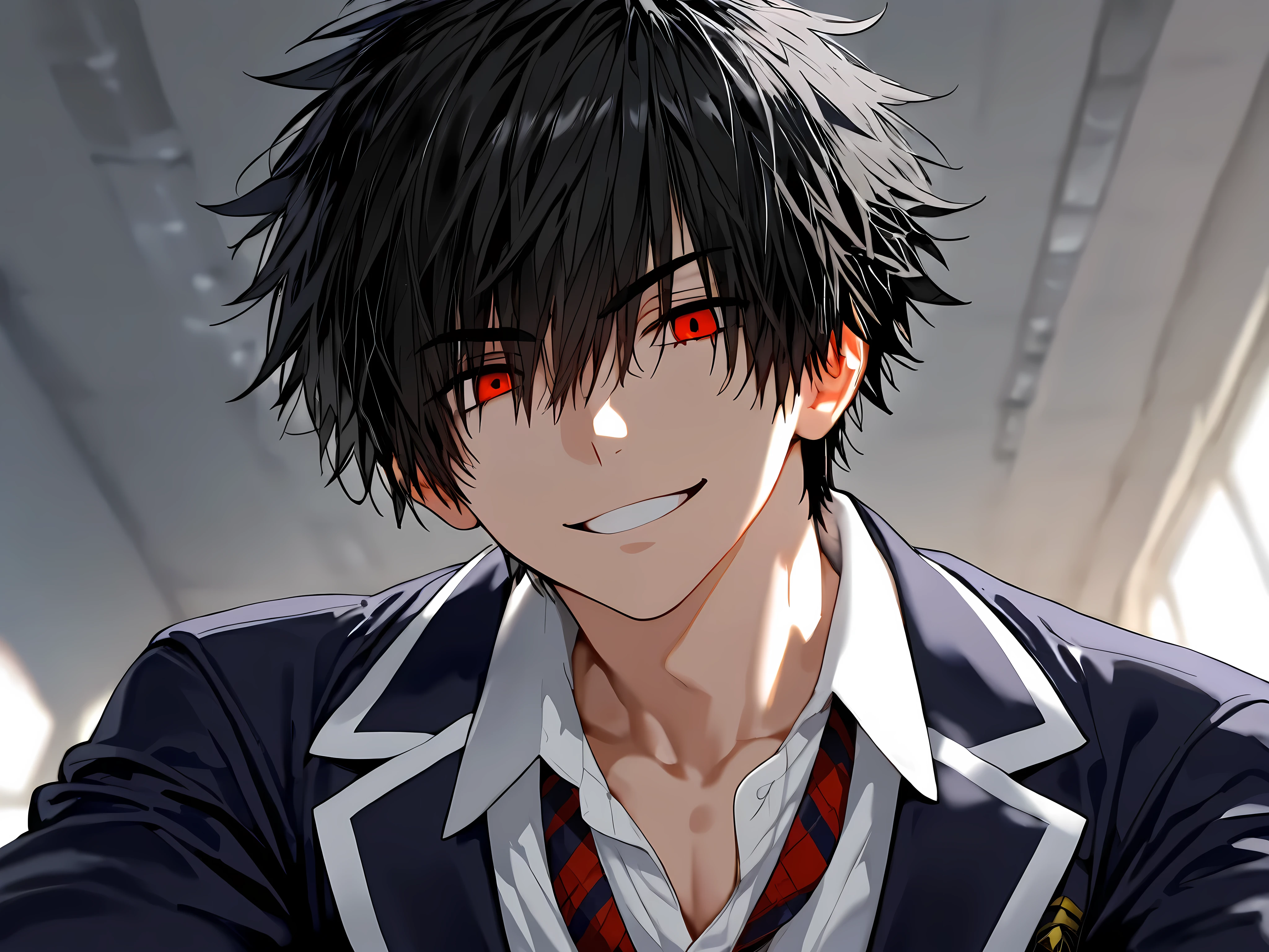 1male, strong, messy black hair, red eyes, school uniform, sexy, smiling