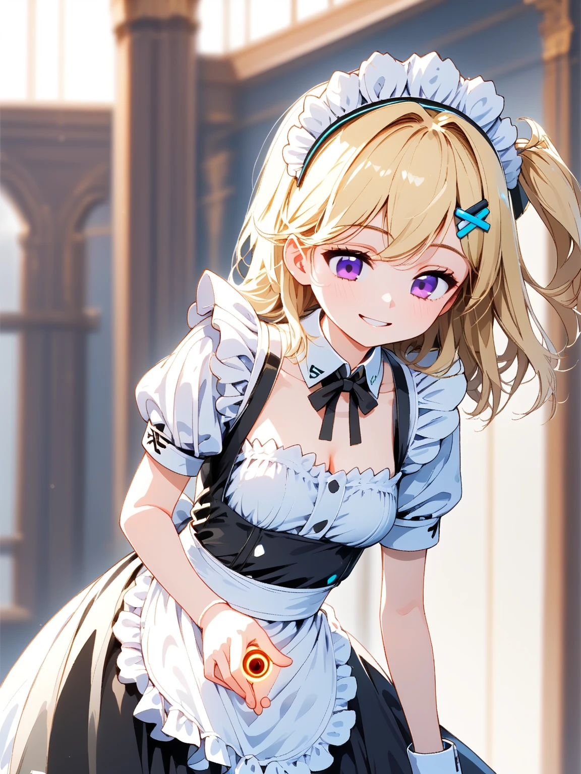 masterpiece, best quality, highres, op1, animal ears, hairclip, hair bow, streaked hair, maid, maid headdress, maid apron, indoors, smile, open mouth,