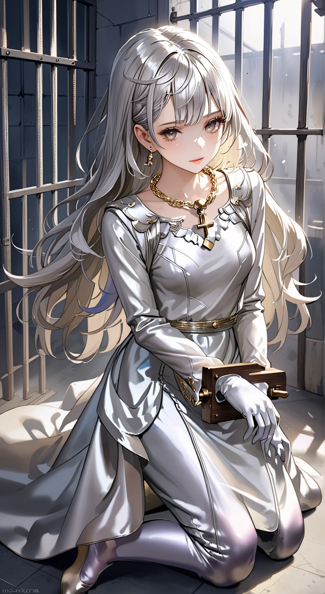 portrait、god々Shining light、( masterpiece, top quality, Ultra High Resolution ),Extremely detailed CG, Japanese woman with pale silver hair,(( beautiful face)),(( long sleeve long dress made of pale silver satin))、((The dress has a simple design without embellishments)),Ruffled Skirt、(Well-fitting pale silver satin bodysuit )、pale silver satin gloves, (wearing a simple key on a golden necklace ), kneeling in a jail cell